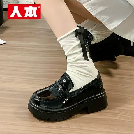 人本厚底小皮鞋女款2025春秋新款复古英伦配裙子一脚蹬黑色乐福鞋图片