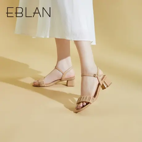 伊伴2023夏季女鞋一字带凉鞋小羊皮晚风方头粗跟凉鞋B23371952商品大图