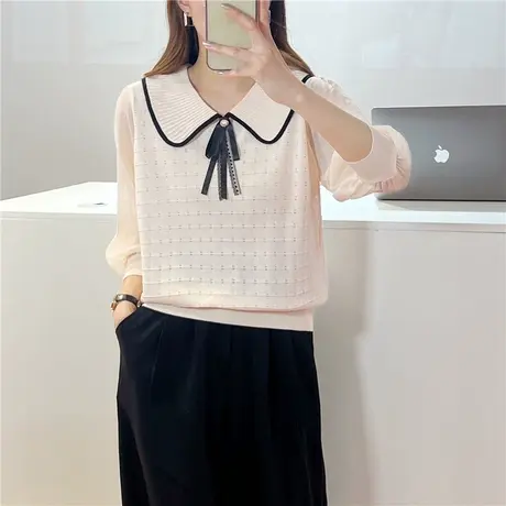 女士七分袖冰丝针织衫秋季女装2023年新款娃娃领洋气打底衫女春秋图片