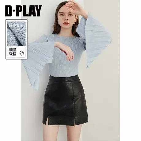DPLAY秋蓝色针织衫修身喇叭袖针织打底衫气质上衣女毛衫图片