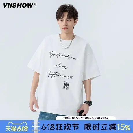 VIISHOW复古手绘字母印花圆领短袖T恤男潮牌休闲百搭半截袖上衣商品大图