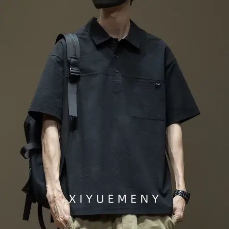 薄款短袖POLO衫男士夏季新款皱感拼接半袖t恤男宽松大码工作服装商品大图