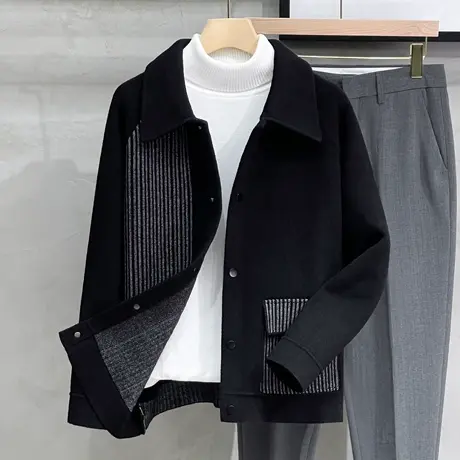 秋冬条纹撞色针织呢子夹克衫男短款修身休闲潮流加厚男士冬季外套图片