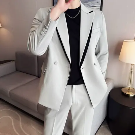 高档莱赛尔天丝羊毛西服男夏季薄款套装双层撞色领通勤西装两件套图片