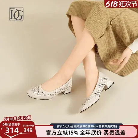 【头层牛皮】方头单鞋女粗跟春夏2025新款镂空透气妈妈鞋正装皮鞋图片