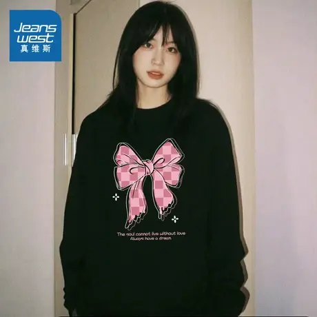 NOB真维斯黑色长袖T恤女2025早春新款时尚百搭宽松纯棉休闲上衣商品大图