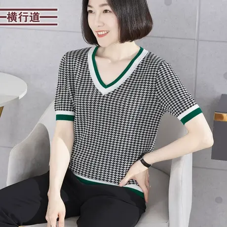 V领千鸟格撞色宽松针织衫短袖2023新款夏休闲女上衣外穿大码小衫商品大图