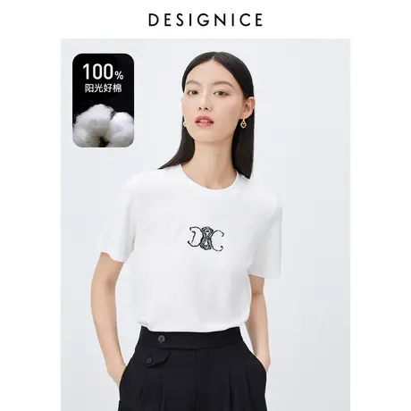 迪赛尼斯2023年秋季新款小众印花上衣简约通勤圆领短袖纯棉T恤女商品大图