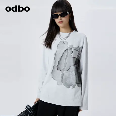 odbo 长袖打底衫女T恤春季新款独特上衣超好看减龄浅灰色潮商品大图