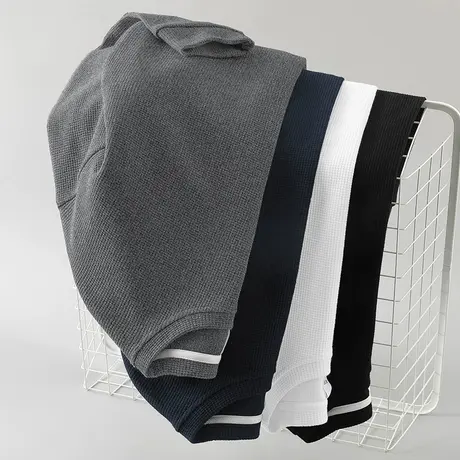 2023新款华夫格卫衣男潮ins春秋款宽松纯色圆领上衣服无帽长袖t恤商品大图