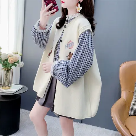 卡通刺绣开衫针织马甲背心女春季2025年新款宽松显瘦无袖坎肩上衣图片
