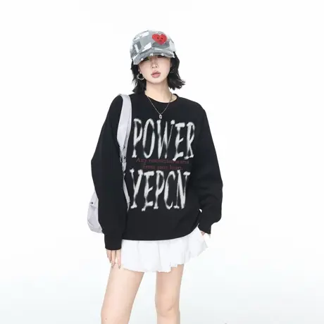 YEP春秋新款字母印花圆领卫衣女美式复古风宽松休闲无帽外套上衣商品大图