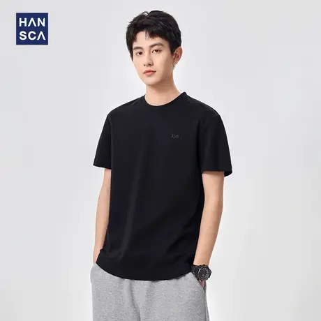 hansca 液氨双面纯棉短袖T恤男2025夏季薄款凉感刺绣黑色休闲上衣图片