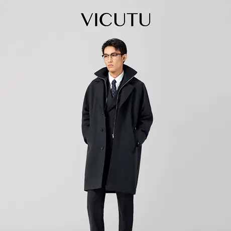VICUTU威可多黑色男大衣绵羊毛舒暖外搭简约商务差旅通勤百搭外套商品大图