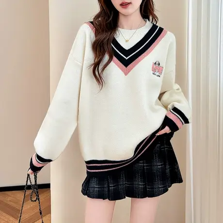 唐狮秋冬女毛衣减龄学院风卡通刺绣假两件套头针织衫百搭好看TM图片