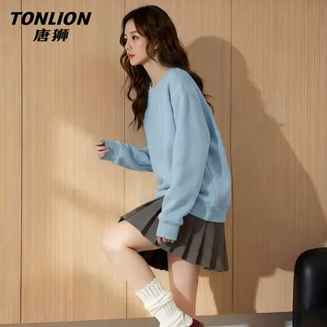 唐狮官方蓝色圆领卫衣女2026春秋新款女士休闲宽松无帽套头上衣VB商品大图