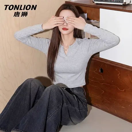 唐狮官方小v领长袖t恤女2026新款春季美式纯欲打底衫修身短上衣VC商品大图
