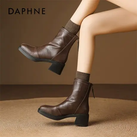 达芙妮棕色厚底短靴女款2026新款春季加绒美拉德气质骑士靴高跟鞋商品大图