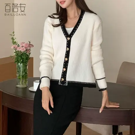 百洛安时尚撞色小香风毛衣外套女秋新款V领上衣宽松长袖针织开衫图片