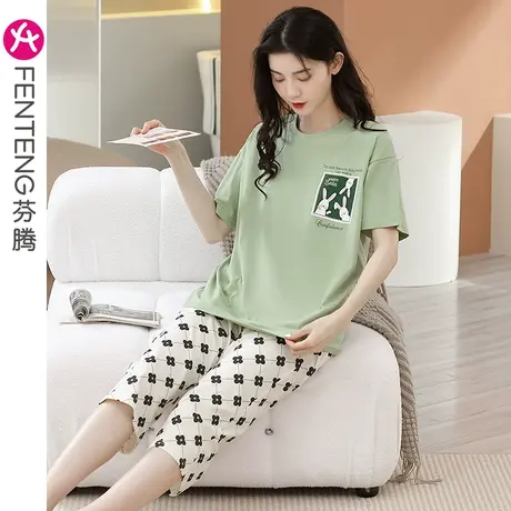 芬腾夏季薄款睡衣女纯棉短袖七分裤可爱卡通可外穿全棉家居服套装商品大图