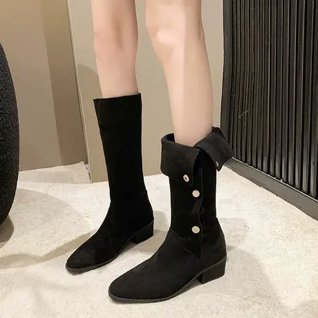 短靴女秋冬季新款磨砂单靴子粗跟尖头堆堆靴高跟鞋中筒时尚牛仔靴图片