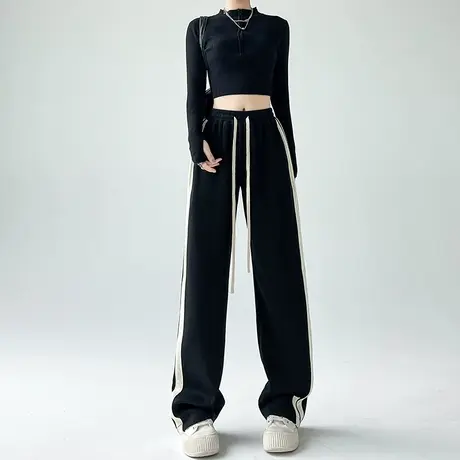 外穿黑色加绒运动裤女2023新款冬季加厚卫裤直筒宽松拖地阔腿裤子商品大图