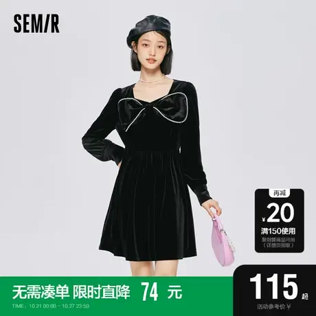 森马连衣裙女丝绒泡泡袖小黑裙优雅2022秋季新款蝴蝶结裙子赫本风图片