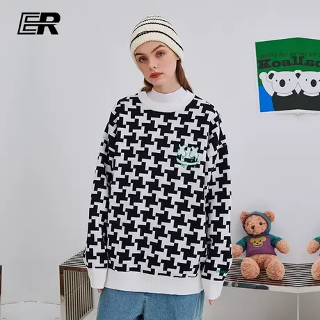 ER千鸟格条纹毛衣男休闲国潮圆领套头情侣针织衫外套潮百搭打底衫商品大图