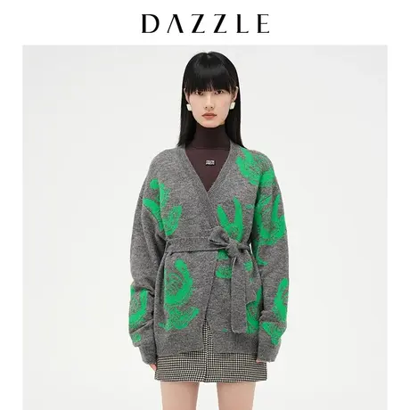 【七七酱专享】DAZZLE地素 宽松慵懒系带针织提花毛衣开衫女商品大图