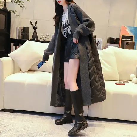 设计感连帽毛衣开衫女中长款2023新款秋冬宽松慵懒风拼接针织外套图片