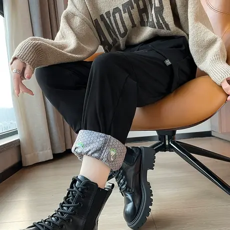 工装轻薄羽绒裤女冬季外穿2023新款高腰遮胯束脚黑色哈伦保暖棉裤商品大图