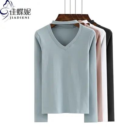秋冬新款V领挂脖纯欲修身显瘦纯棉红色纯色长袖体恤上衣女打底衫商品大图