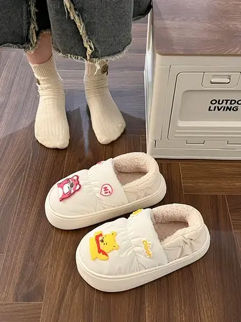 防水羽绒布棉拖鞋女外穿冬季可爱小熊加绒保暖厚底一脚蹬包跟棉鞋商品大图