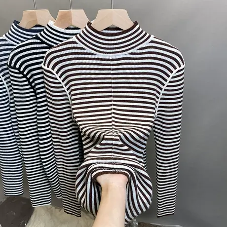 半高领毛衣女条纹打底衫2023秋冬新款套头外穿针织衫修身内搭上衣商品大图