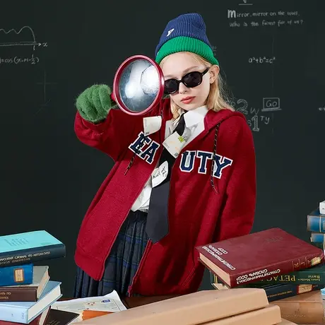 唐狮春秋季新款本命年加绒开衫外套女连帽红色过年衣服卫衣女百搭图片