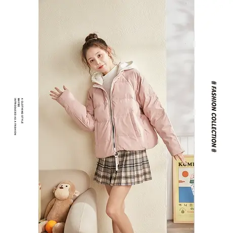 [商场同款]唐狮冬季羽绒服女针织帽拼接后背图短款甜美羽绒服加图片