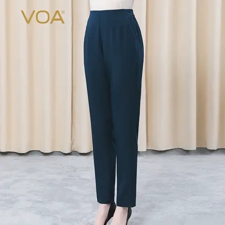 VOA36姆米弹力重绉后置松紧腰插袋褶皱藏青纯色OL桑蚕丝铅笔裤商品大图