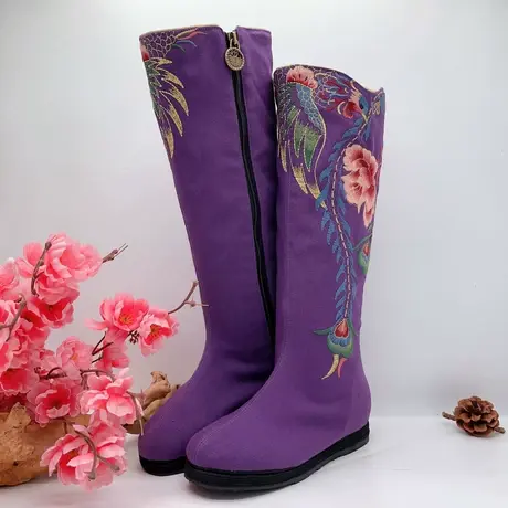 汉舞女单靴民族风中筒靴复古绣花布靴侧拉链内增高刺绣女靴 玄舞图片