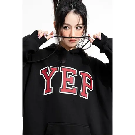 YEP美潮字母印花连帽卫衣女oversize宽松慵懒风外套原创小众设计商品大图