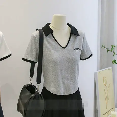 polo领短袖正肩T恤女装夏季新款设计感甜辣妹短款撞色别致上衣潮商品大图