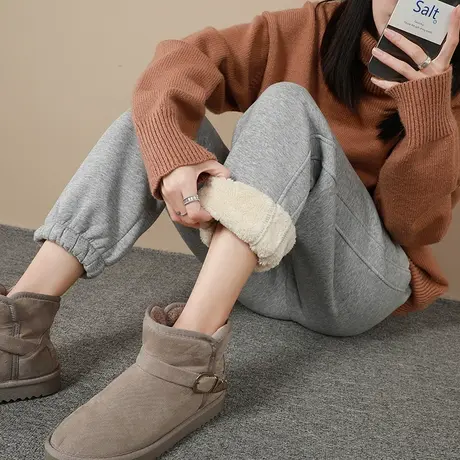 加绒加厚运动裤女秋冬季外穿保暖棉裤宽松休闲灰色羊羔毛束脚卫裤图片