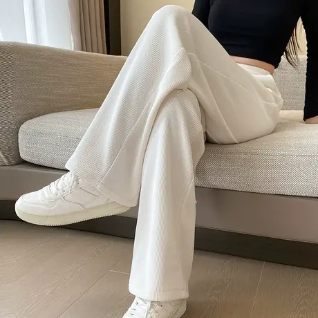 白色灯芯绒阔腿裤女2024春秋季高腰显瘦休闲雪尼尔宽松垂感直筒裤图片