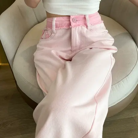 浅粉色毛边窄版高腰阔腿牛仔裤女春秋宽松设计感直筒垂感拖地裤子图片