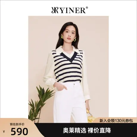 YINER音儿女装2023春季新款条纹泡泡袖针织衫套头商品大图
