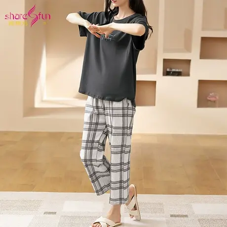 sharefun/霞黛芳纯棉 格纹慵懒家居服女可外穿短袖七分裤睡衣套装商品大图