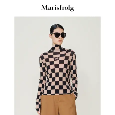 【商场同款】玛丝菲尔夏装新款棋盘格纯羊毛高领针织衫女商品大图