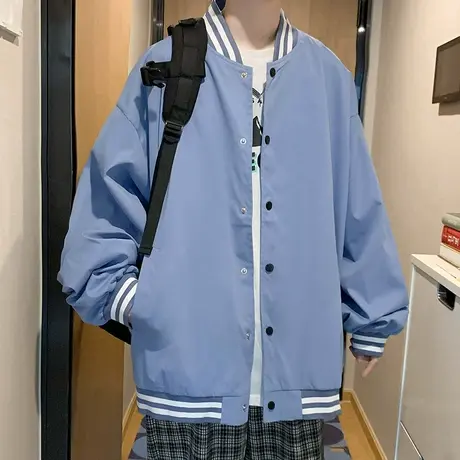 休闲棒球服男春秋装潮牌港风春季宽松夹克工装外套情侣纯色上衣服图片
