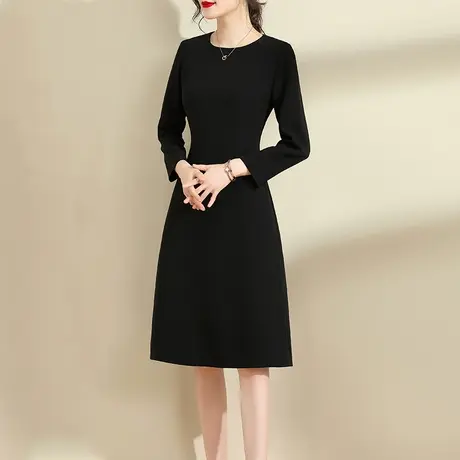 水墨青华冬季新品优雅修身黑色a型裙显瘦百搭打底连衣裙图片