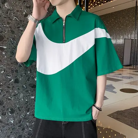 潮牌港风学生翻领短袖t恤拼接撞色宽松半袖polo衫男纯棉夏季上衣图片