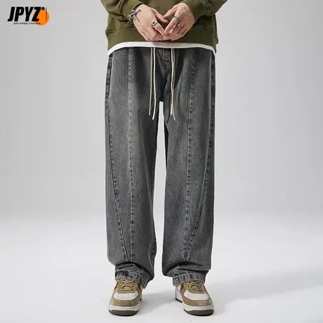 抽绳牛仔裤男士秋季水洗做旧休闲新款长裤潮牌高街宽松直筒裤子图片